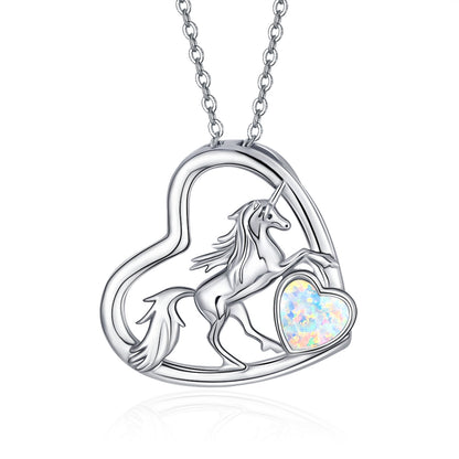 S925 Sterling Silver Unicorn Pendant Opal Heart Necklace Animal Jewelry