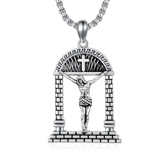 Sterling Silver Jesus Suffering Statue Crucifix Pendant Necklace Religious Gift