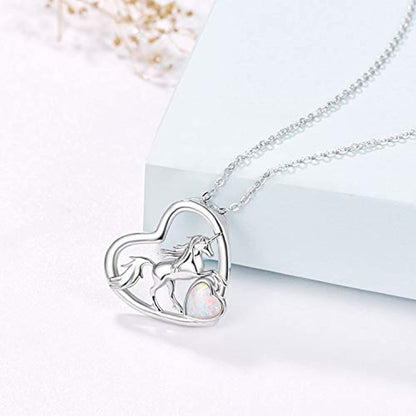 S925 Sterling Silver Unicorn Pendant Opal Heart Necklace Animal Jewelry