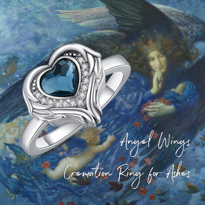 925 Sterling Silver Angel Wing Heart Cremation Urn Holds Loved Ones Ashes Ring